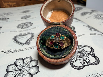 The Christmas Ring ~ Georgian Gold Garnet, Emerald, Pearl, & Paste Cluster Ring