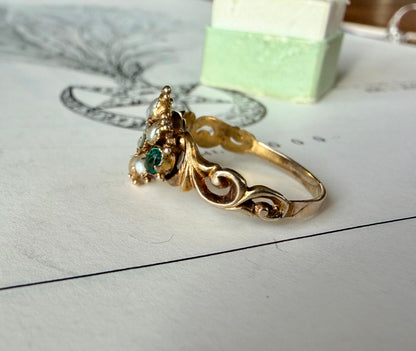 Green Garnet Doublet & Seed Pearl Cluster Ring