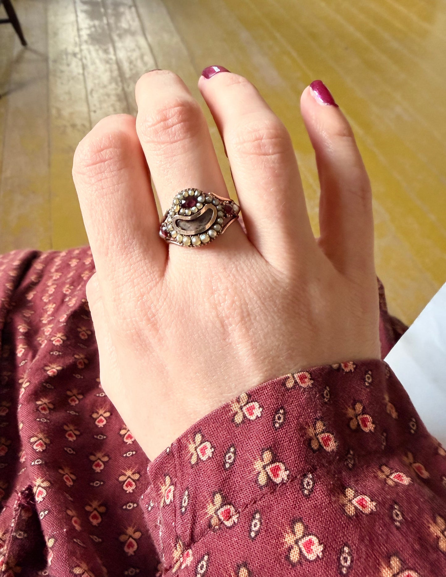The Dearly Departed Trio ~ Georgian Mourning Ring - Early 19th Century Gold Color Ring with Pearls, Hair, Gems, and Inscription
