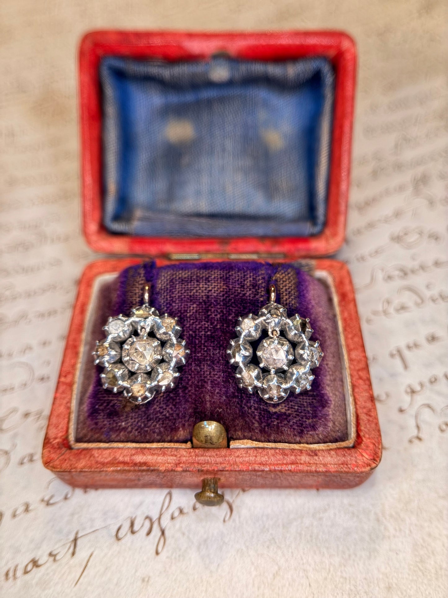 Georgian Rose Cut Diamond Dormeuse Cluster Earrings