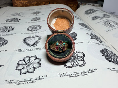 The Christmas Ring ~ Georgian Gold Garnet, Emerald, Pearl, & Paste Cluster Ring