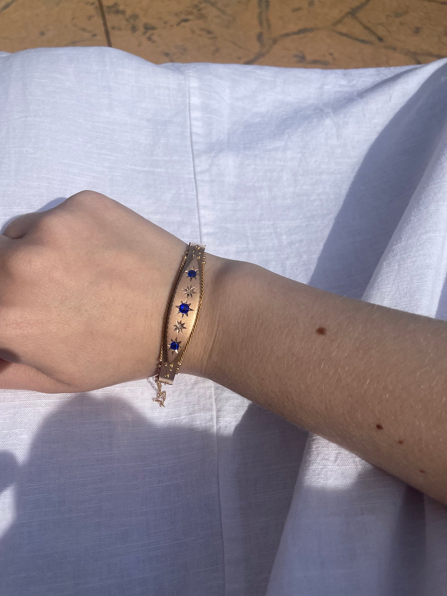 Edwardian 9k Rose Gold Sapphire & Diamond Bangle