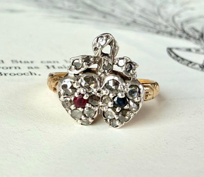 Sapphire & Ruby Twin Heart Ring