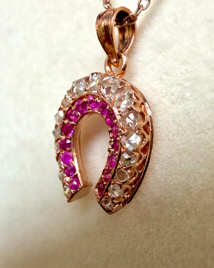 Victorian Rose Cut Diamond & Ruby Horseshoe Lucky Charm/Pendant
