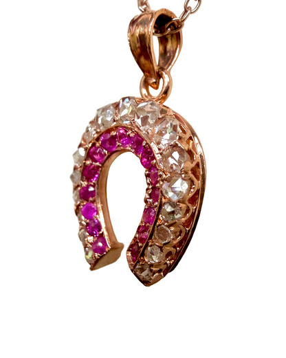 Victorian Rose Cut Diamond & Ruby Horseshoe Lucky Charm/Pendant