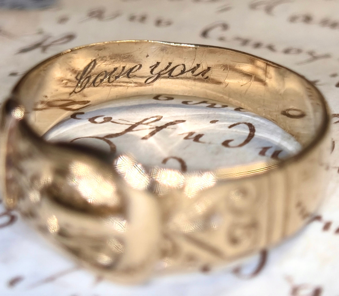 The Marjorie ~ Gents’ Early-Mid 20th Century Gold Inscribed Romantic Buckle Ring