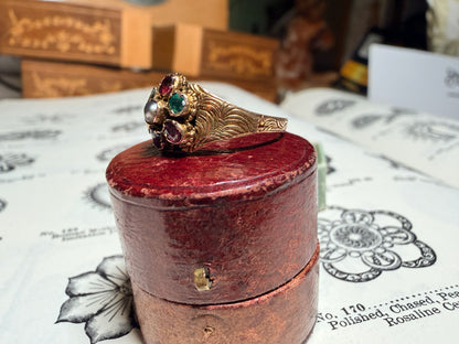 The Christmas Ring ~ Georgian Gold Garnet, Emerald, Pearl, & Paste Cluster Ring