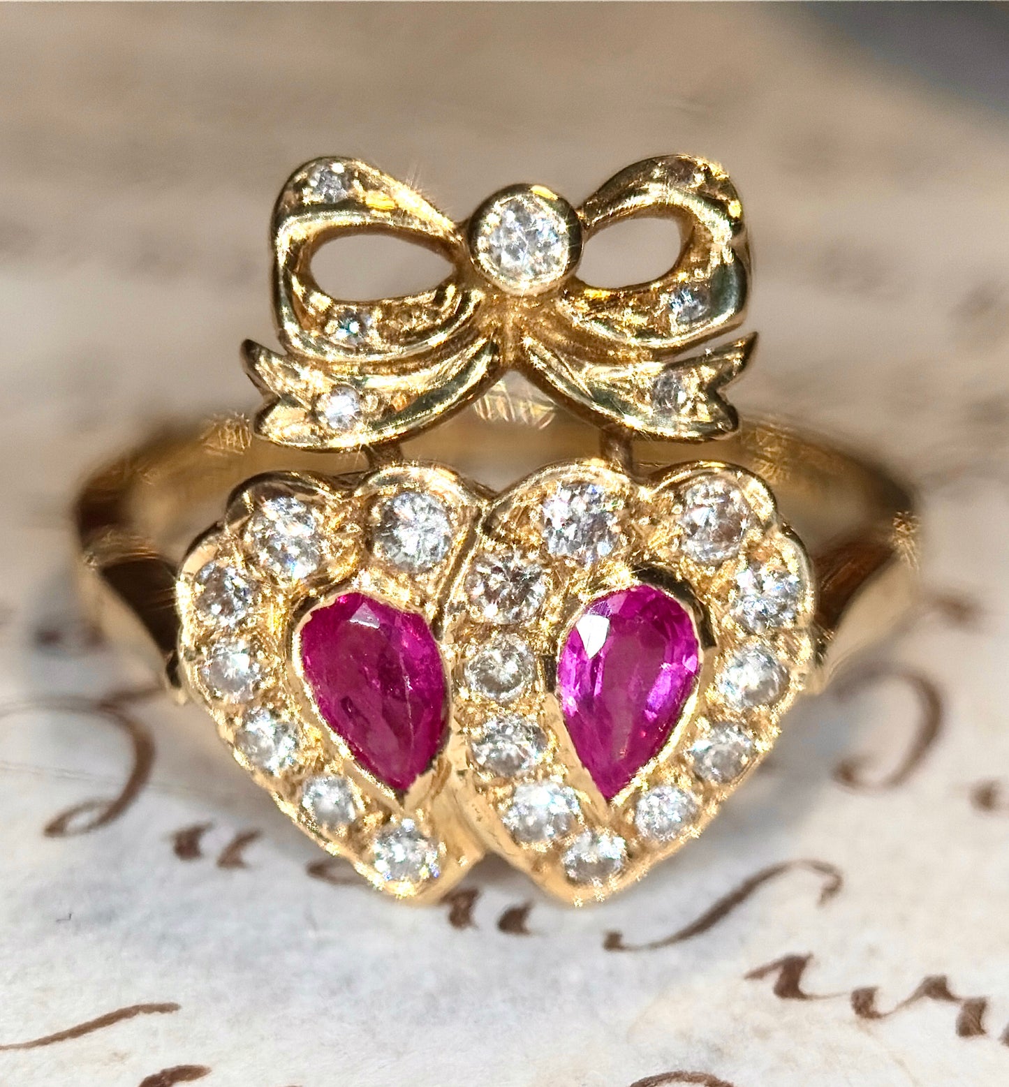 The Flaming Hearts Ring ~ Victorian Style Pink Sapphire Crowned Double Heart Ring