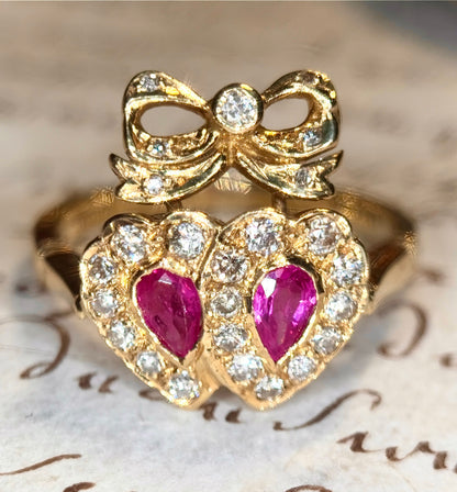 The Flaming Hearts Ring ~ Victorian Style Pink Sapphire Crowned Double Heart Ring