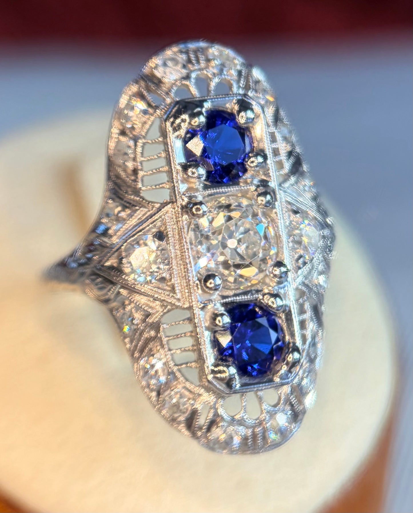 The Zelda ~ Art Deco Platinum Old Cut Diamond & Sapphire Shield Ring