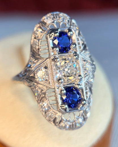 The Zelda ~ Art Deco Platinum Old Cut Diamond & Sapphire Shield Ring