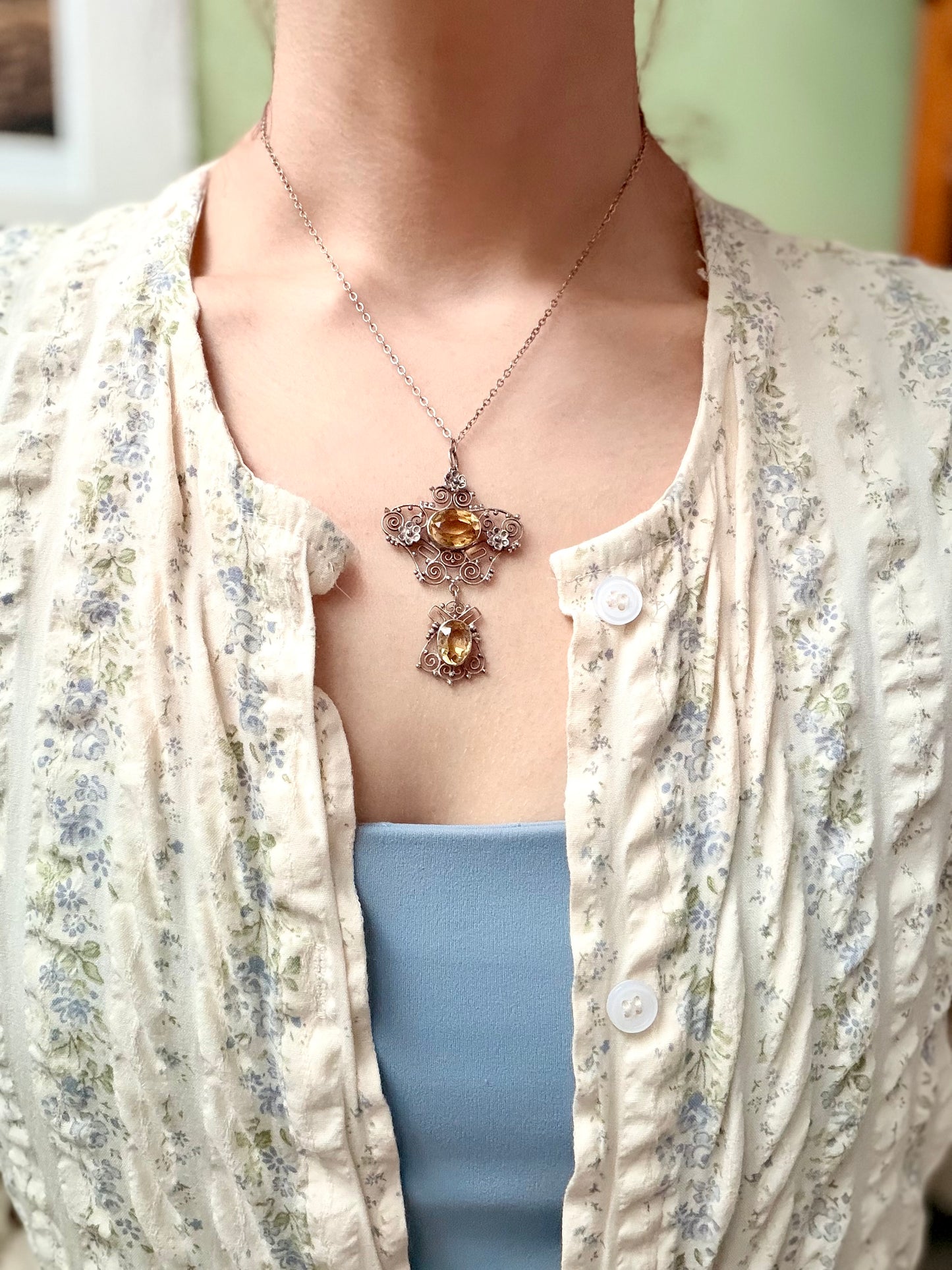 Art Nouveau/Edwardian Citrine Silver Pendant Necklace