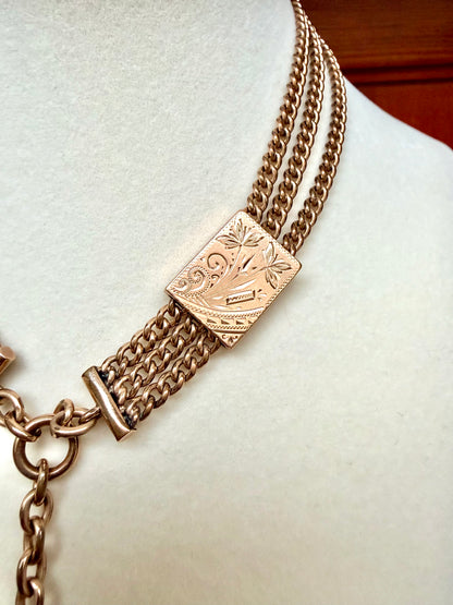 Late Victorian Watch Chain with 10k Gold Hand-Chased Slide
