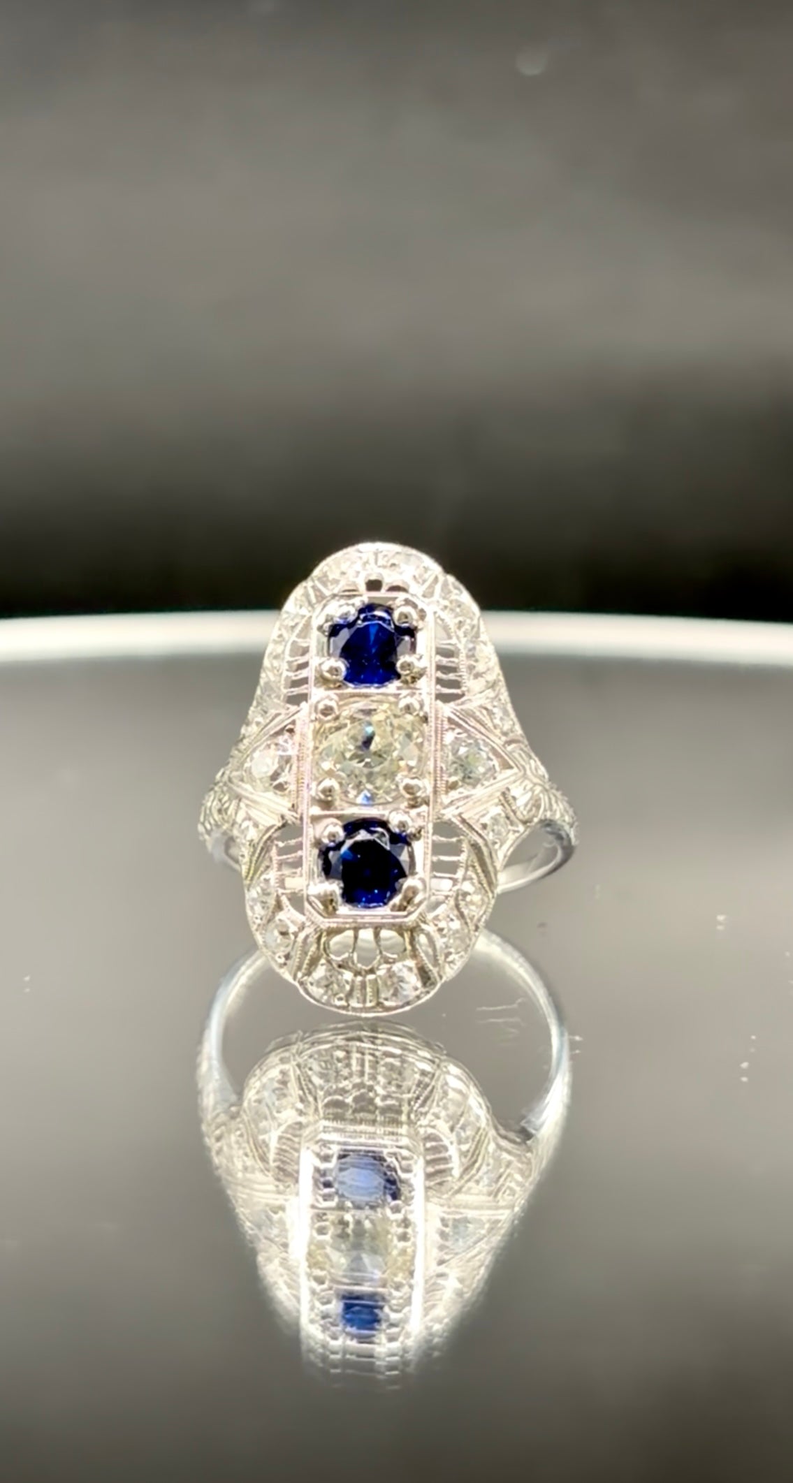 Art Deco Platinum Sapphire & Old Cut Diamond Shield Ring