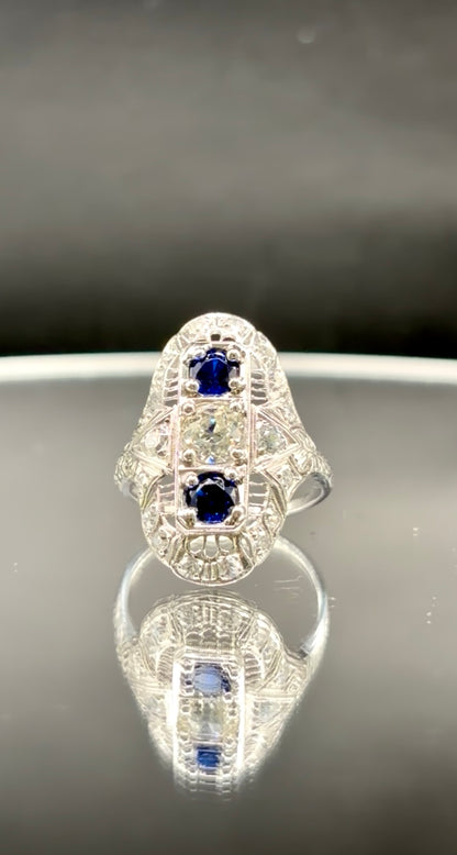 Art Deco Platinum Sapphire & Old Cut Diamond Shield Ring