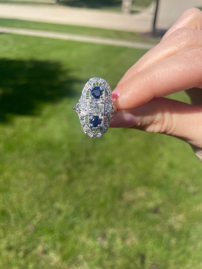 Art Deco Platinum Sapphire & Old Cut Diamond Shield Ring