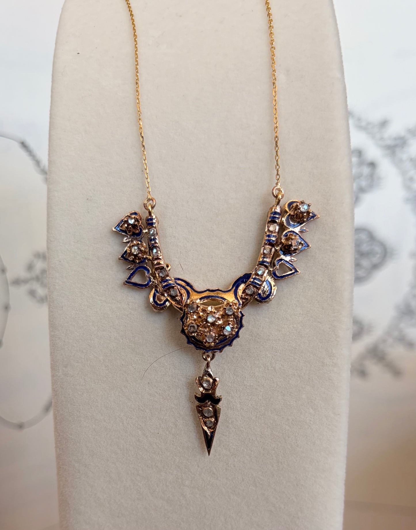 Victorian Rose Gold & Enamel Rose Cut Diamond Necklace