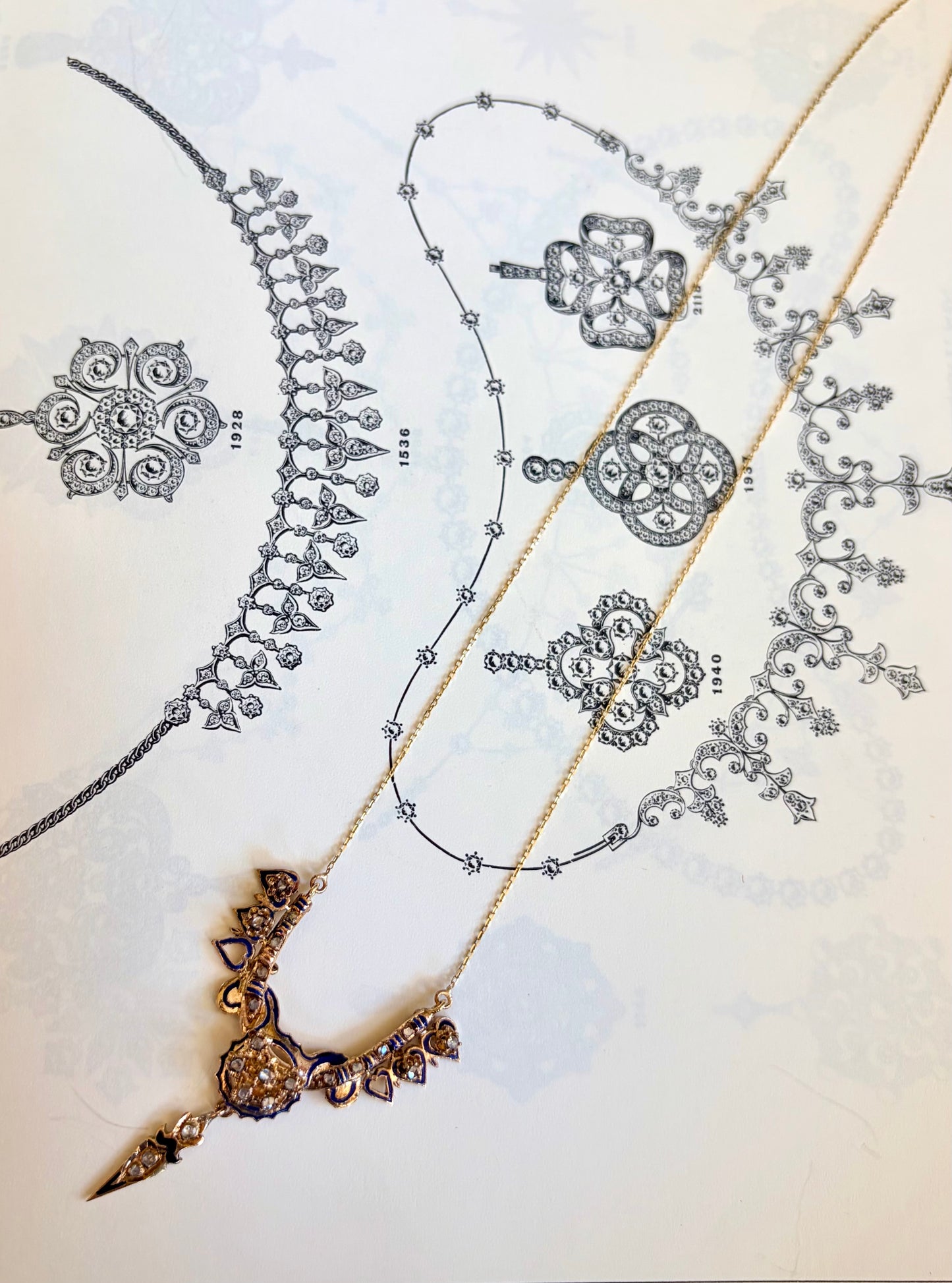 Victorian Rose Gold & Enamel Rose Cut Diamond Necklace