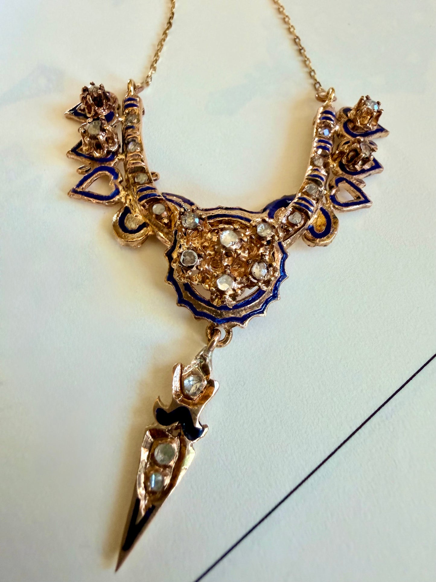 Victorian Rose Gold & Enamel Rose Cut Diamond Necklace