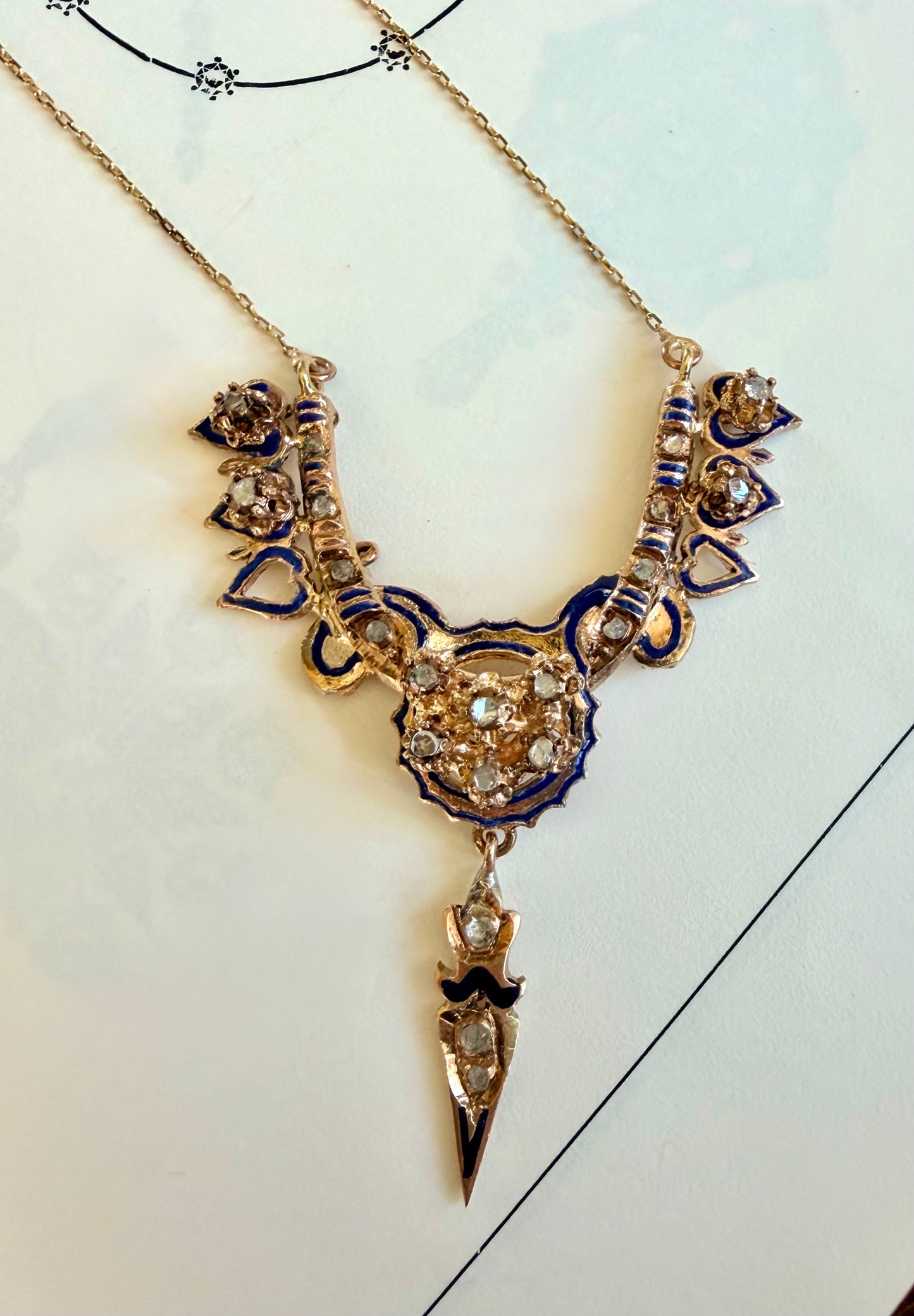 Victorian Rose Gold & Enamel Rose Cut Diamond Necklace