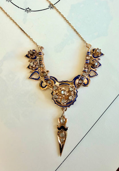 Victorian Rose Gold & Enamel Rose Cut Diamond Necklace