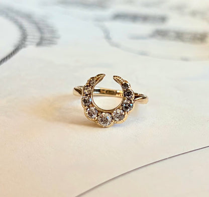 Old Mine Cut Diamond Crescent Moon Ring