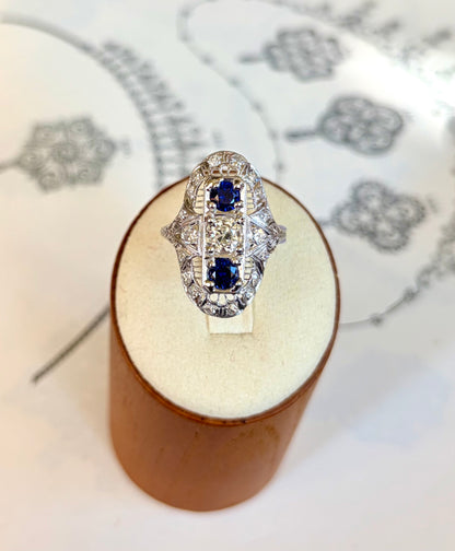 Art Deco Platinum Sapphire & Old Cut Diamond Shield Ring