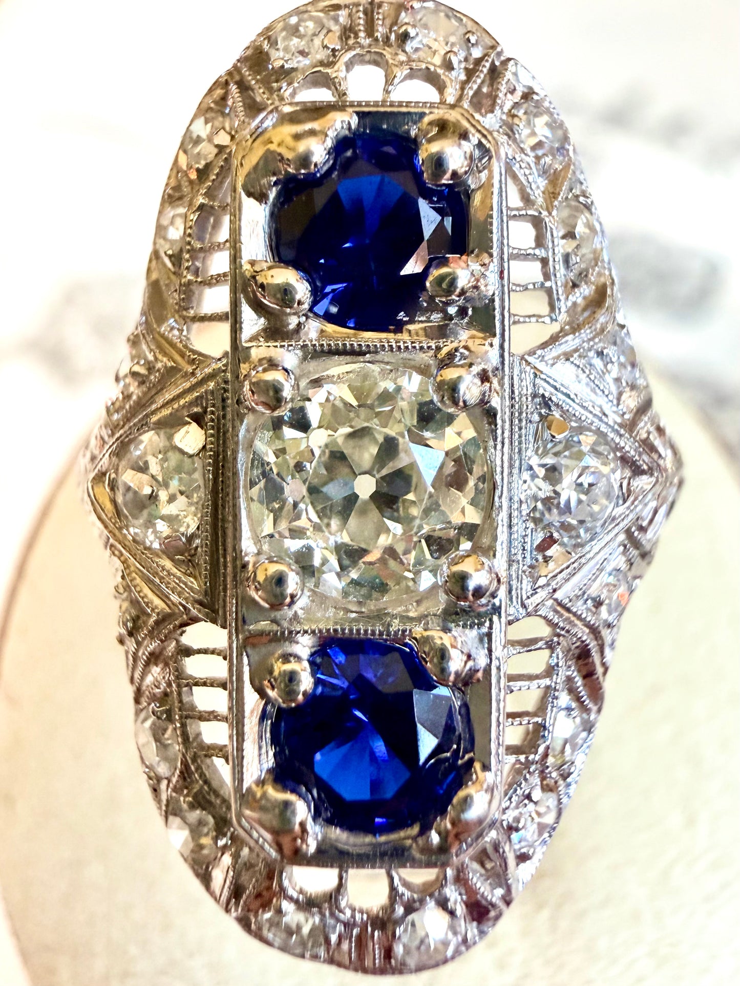 Art Deco Platinum Sapphire & Old Cut Diamond Shield Ring