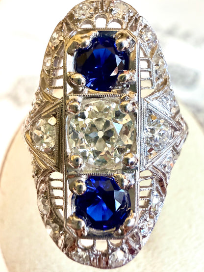 Art Deco Platinum Sapphire & Old Cut Diamond Shield Ring