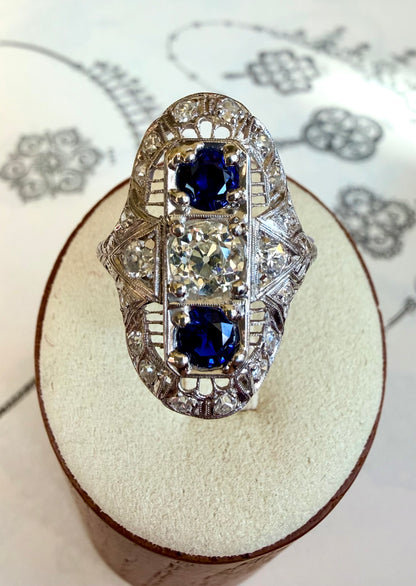 Art Deco Platinum Sapphire & Old Cut Diamond Shield Ring