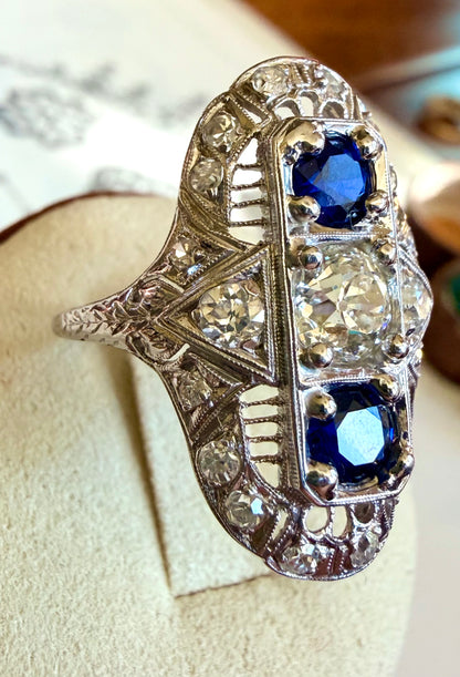 Art Deco Platinum Sapphire & Old Cut Diamond Shield Ring