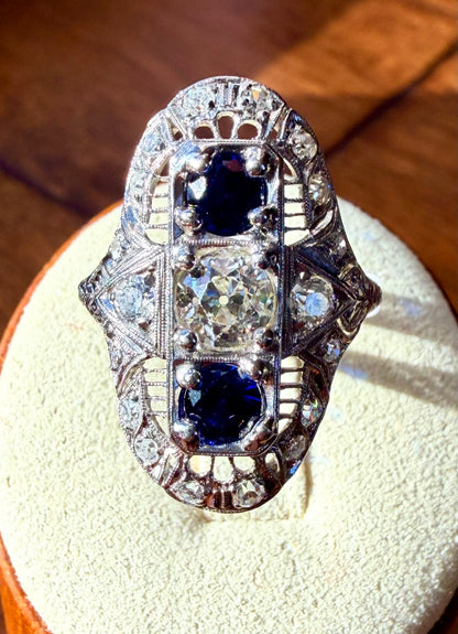 Art Deco Platinum Sapphire & Old Cut Diamond Shield Ring