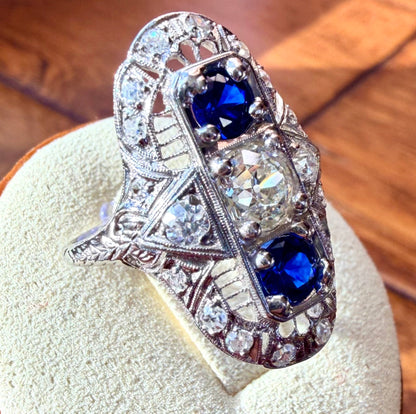 Art Deco Platinum Sapphire & Old Cut Diamond Shield Ring