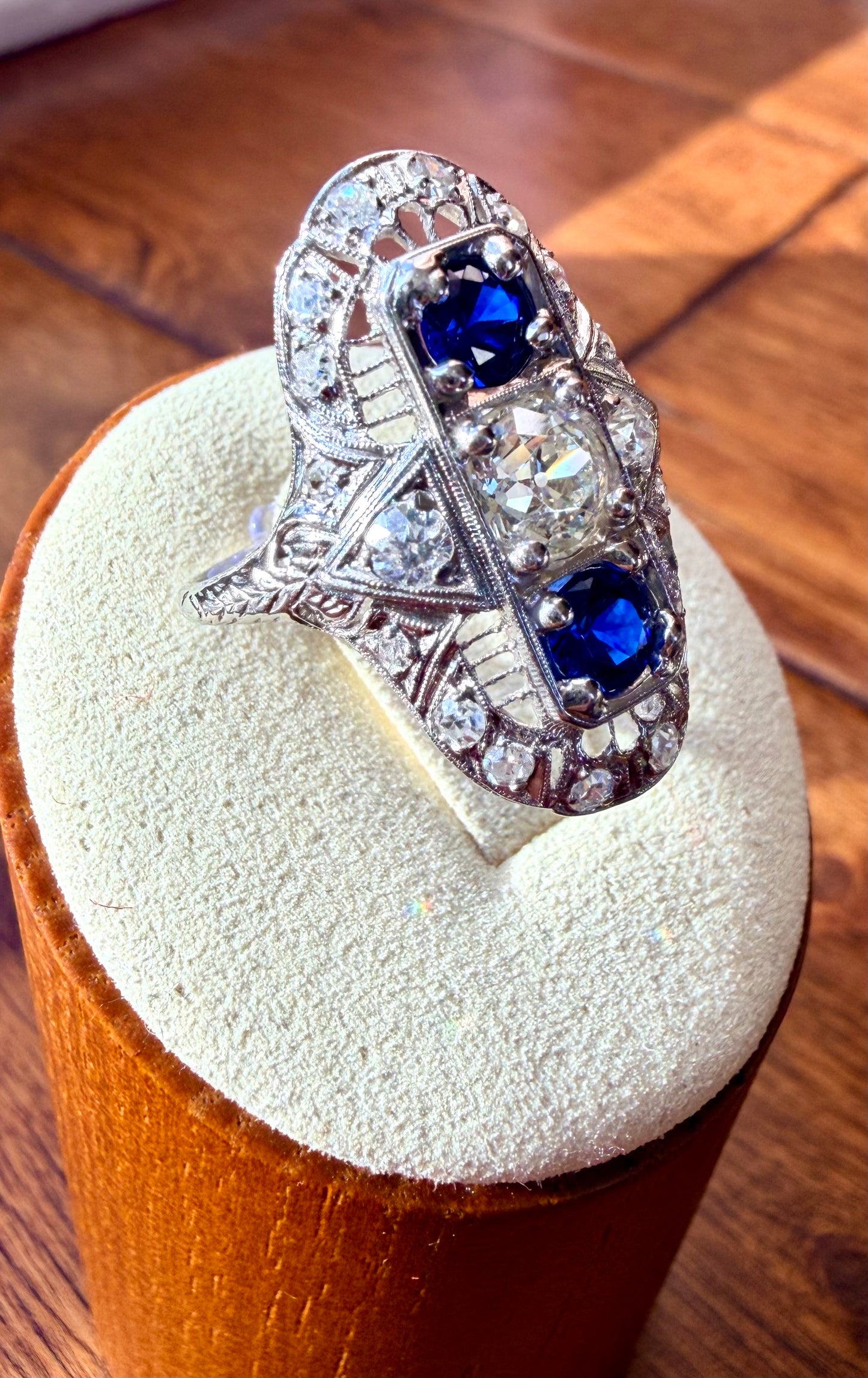 Art Deco Platinum Sapphire & Old Cut Diamond Shield Ring