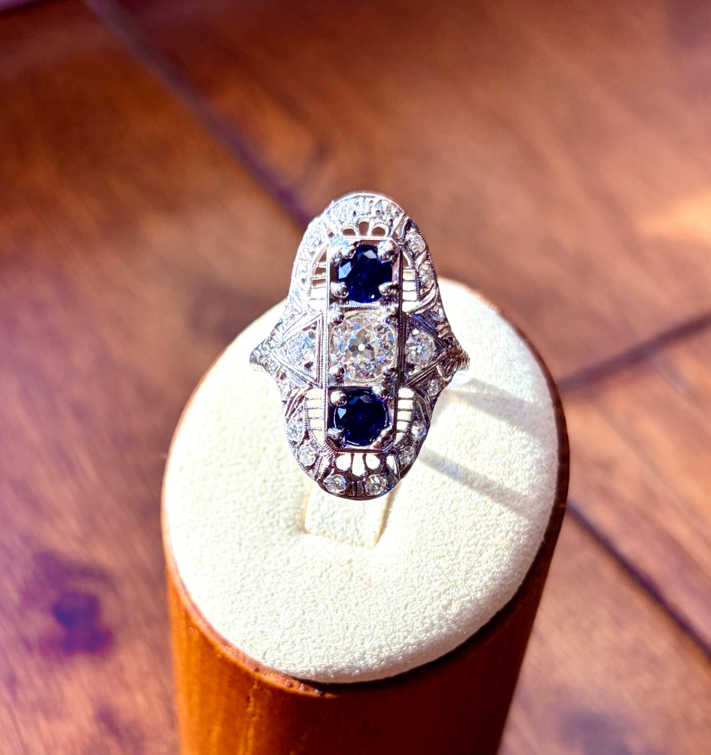 Art Deco Platinum Sapphire & Old Cut Diamond Shield Ring