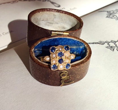 Edwardian 18k Gold Sapphire & Pearl Checkerboard Ring