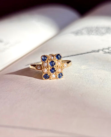 Edwardian 18k Gold Sapphire & Pearl Checkerboard Ring