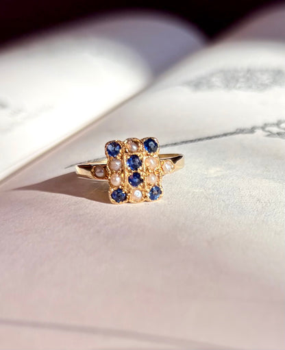 Edwardian 18k Gold Sapphire & Pearl Checkerboard Ring
