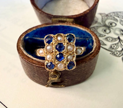 Edwardian 18k Gold Sapphire & Pearl Checkerboard Ring
