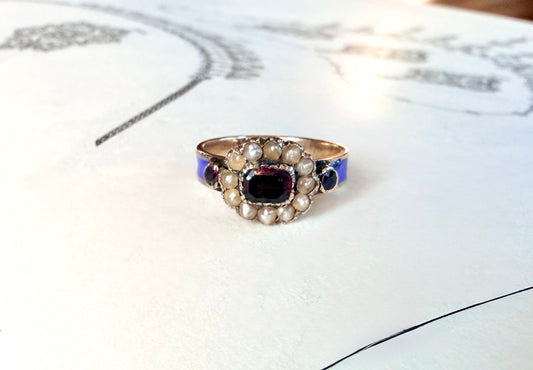 Georgian Blue Enamel & Purple Garnet Seed Pearl Ring