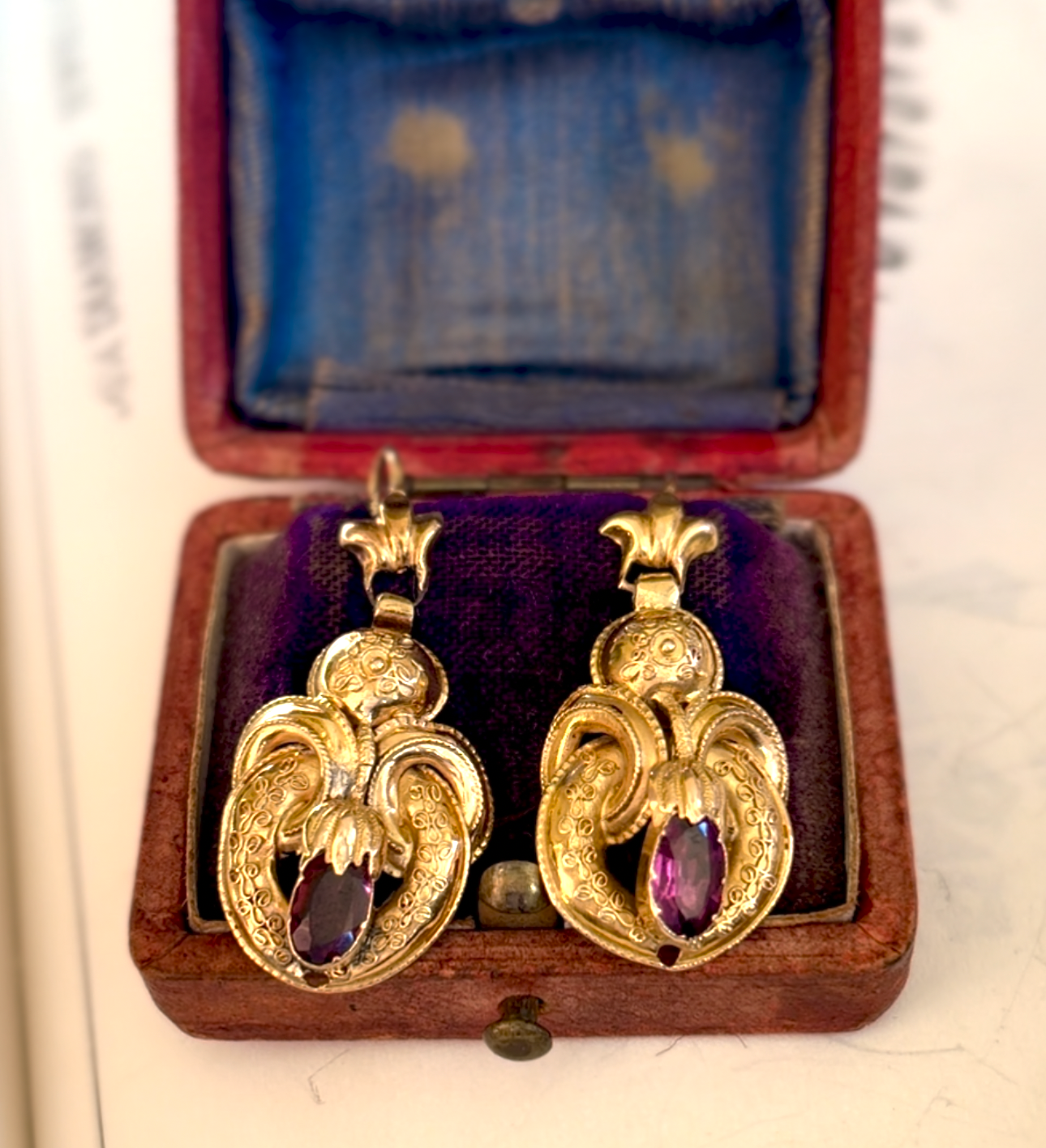 Victorian Etruscan Revival Rhodolite Garnet 18k Gold Earrings