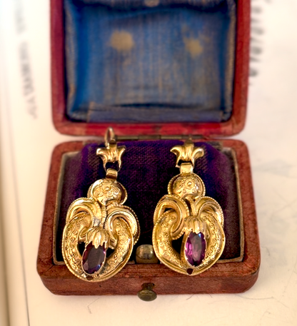 Victorian Etruscan Revival Rhodolite Garnet 18k Gold Earrings
