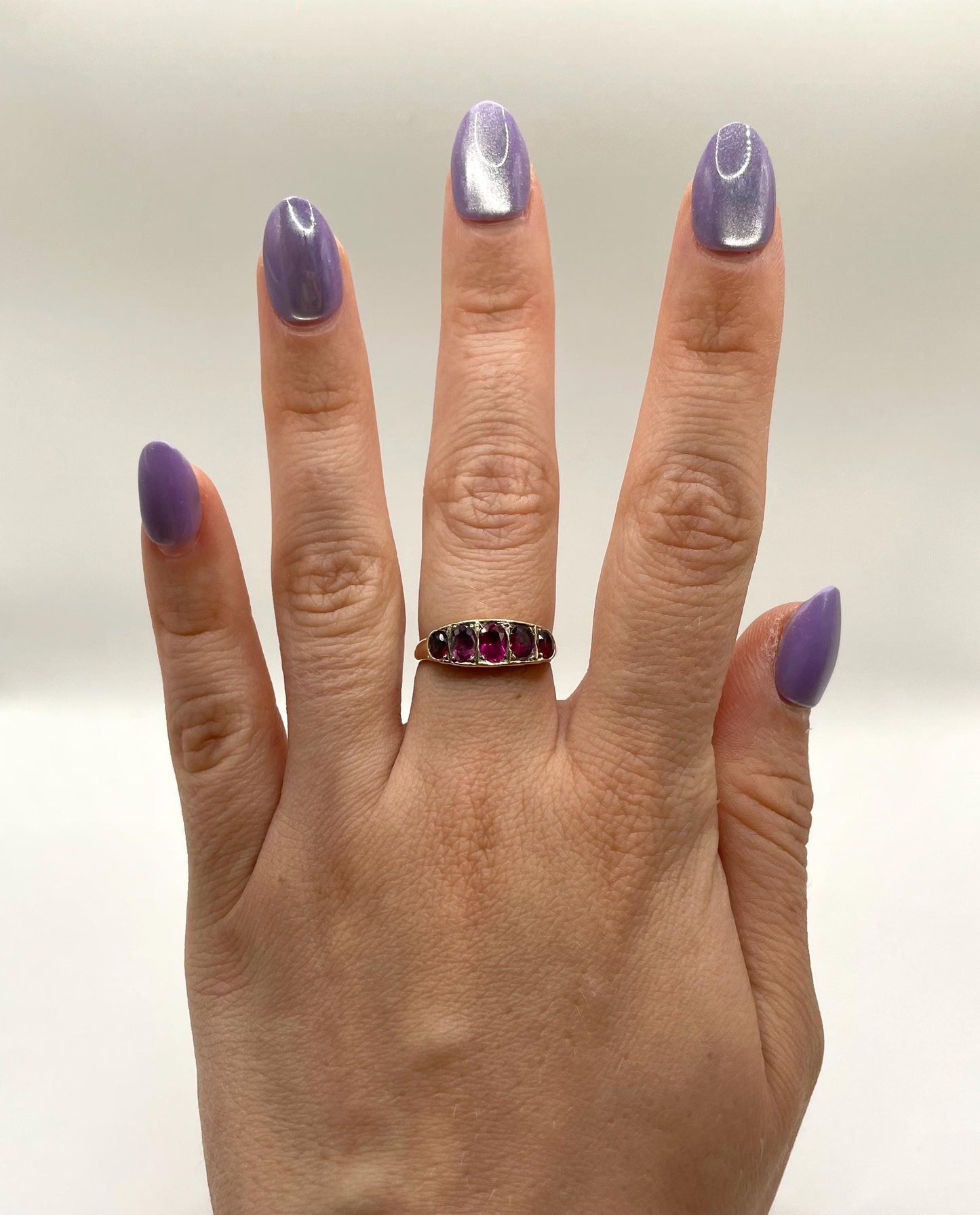 The Rose ~ Antique Edwardian Era Ruby Five Stone Half Hoop Scroll Gallery Ring, Victorian Style, 9 carat gold