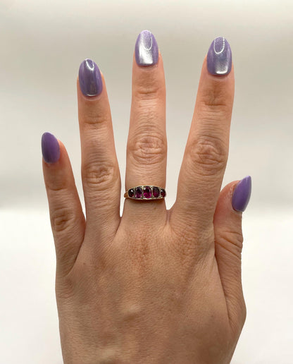 The Rose ~ Antique Edwardian Era Ruby Five Stone Half Hoop Scroll Gallery Ring, Victorian Style, 9 carat gold