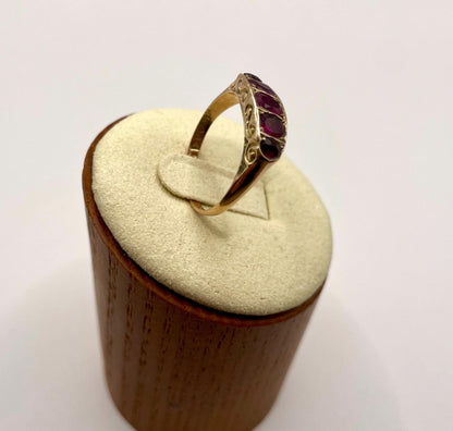 The Rose ~ Antique Edwardian Era Ruby Five Stone Half Hoop Scroll Gallery Ring, Victorian Style, 9 carat gold