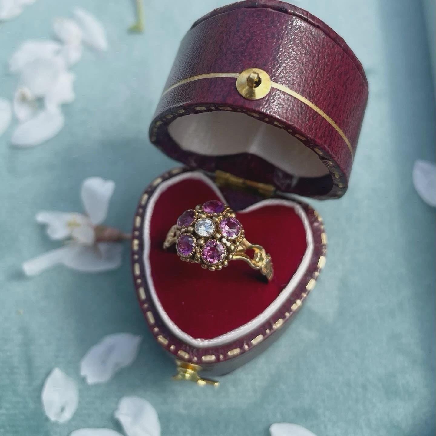 The Flora ~ Antique Victorian Ruby & Diamond Round Cut Cluster 18ct Yellow Gold Vintage Ring