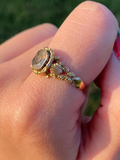 The Georgiana ~ Stunning Georgian Rock Crystal Ring - Extraordinary Antique 18th Century 14k Gold Ornate Ring sz 9