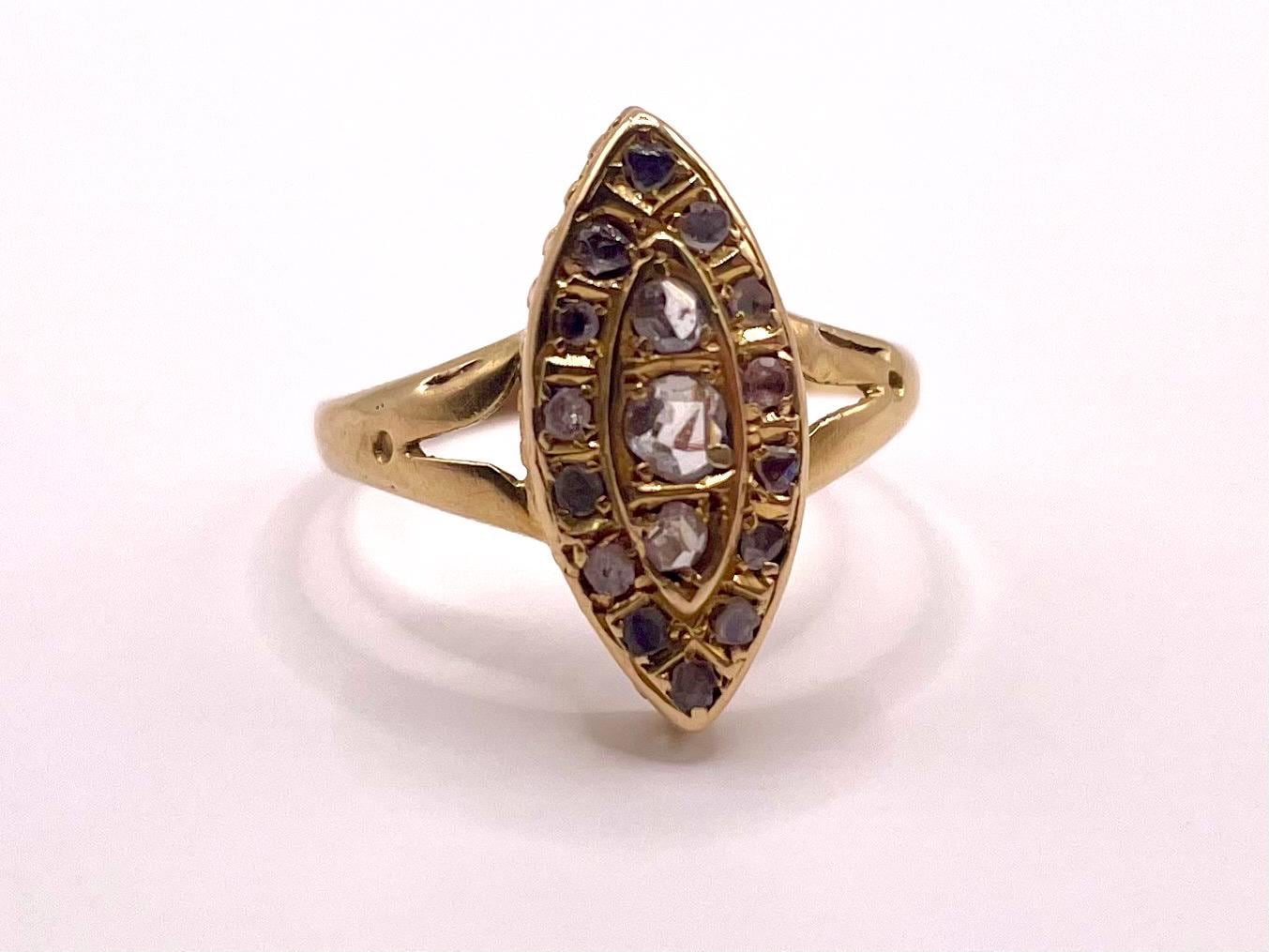 The Grey Lady ~ Antique Victorian Rose Cut Diamond & Gold Navette Dress Ring