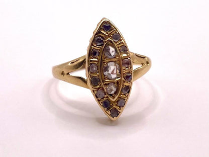 The Grey Lady ~ Antique Victorian Rose Cut Diamond & Gold Navette Dress Ring