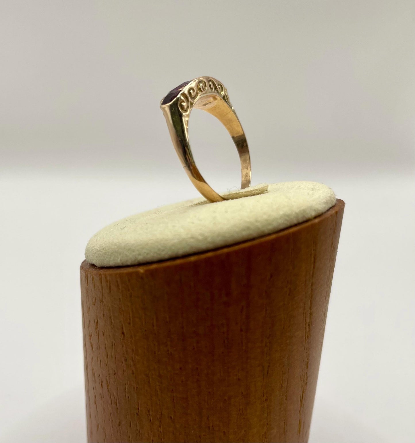 The Rose ~ Antique Edwardian Era Ruby Five Stone Half Hoop Scroll Gallery Ring, Victorian Style, 9 carat gold